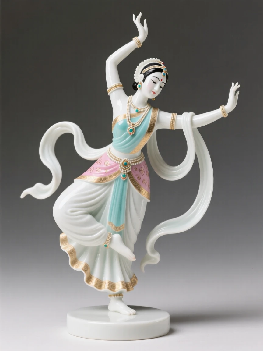 A graceful classical Indian dancer caught in the middle of a graceful arabesque, captured at the peak of the motion.