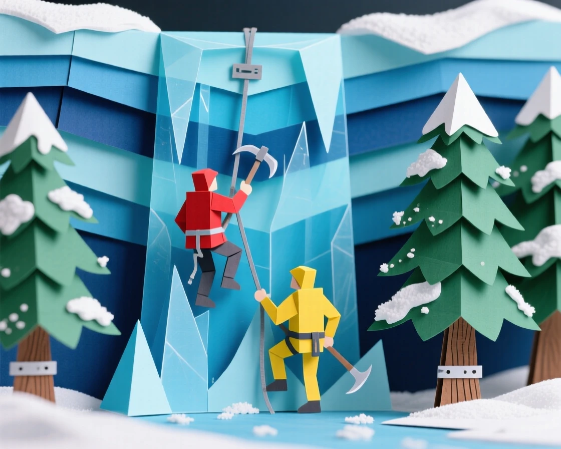 A frozen waterfall encased in blue ice, climbers dwarfed by the towering ice formation, snow-covered pines framing the scene, conveying the extremity and beauty of winter wilderness.