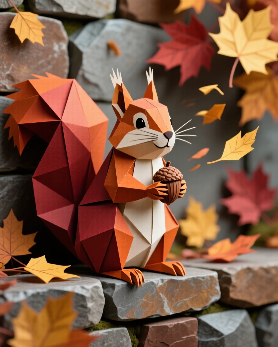 A squirrel sitting upright on a stone wall clutching an acorn in both paws, cheeks puffed, autumn leaves swirling behind it.