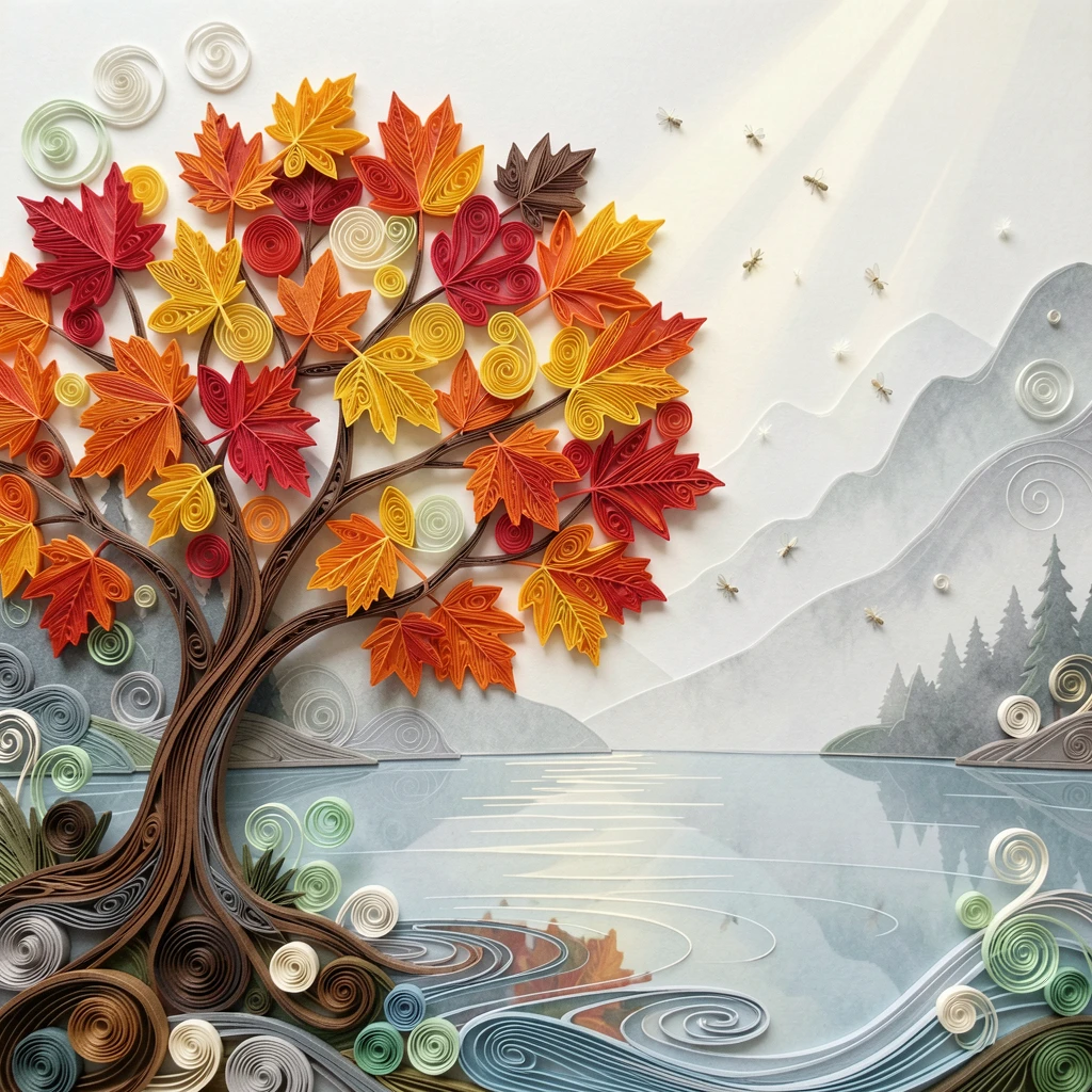 a maple tree in peak autumn color, along the edge of a misty mountain lake, shot from a low angle looking up toward the light, surrounded by drifting pollen and tiny insects.