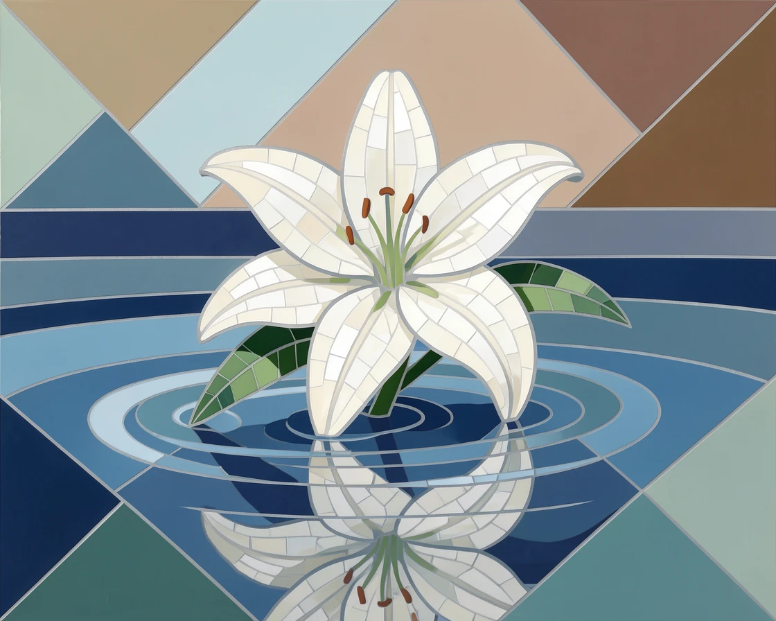 A single perfect white lily floating on a still pond.