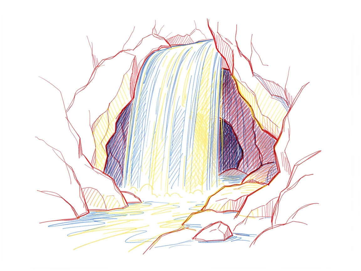 A hidden grotto behind a waterfall, sunlight filtering through falling water