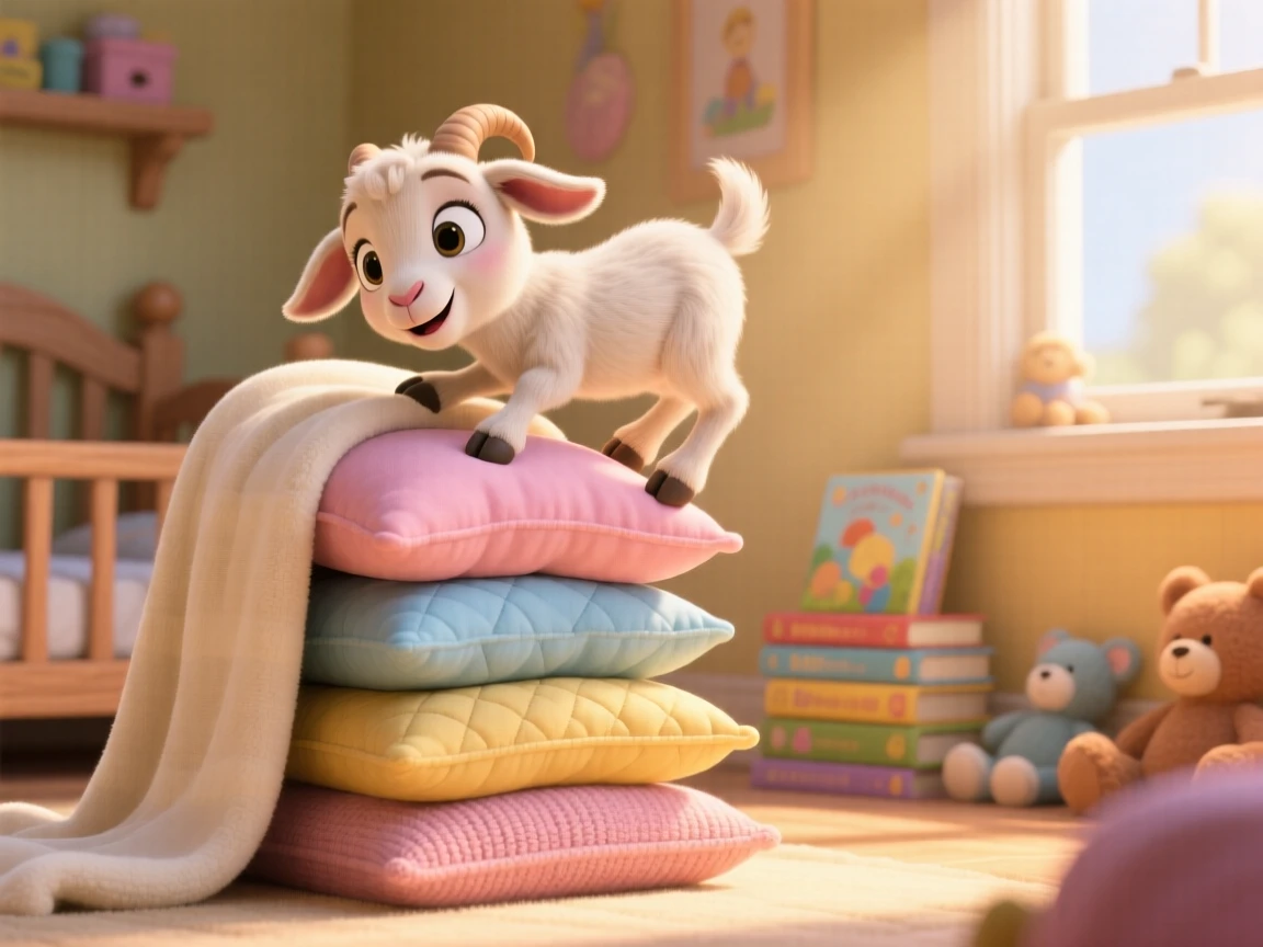 A baby goat is balancing on a stack of pillows, nuzzling against a soft blanket. The mood is soft, tender, and endearing, with warm colors filling the background.