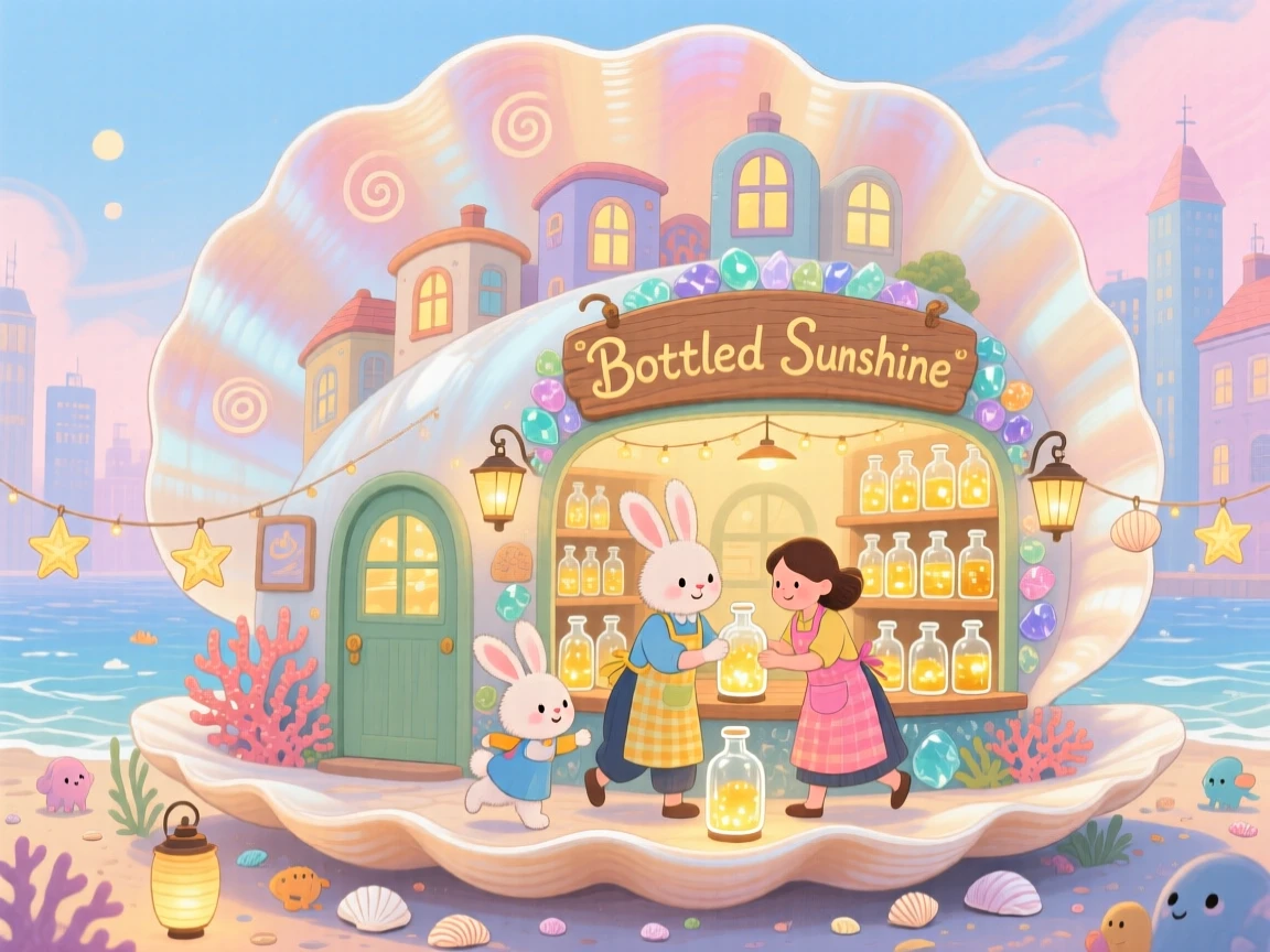 In a city built inside a giant seashell, a family of teacup rabbits spends the day keeping a shop that sells bottled sunshine, while little lanterns bob gently in the wind.