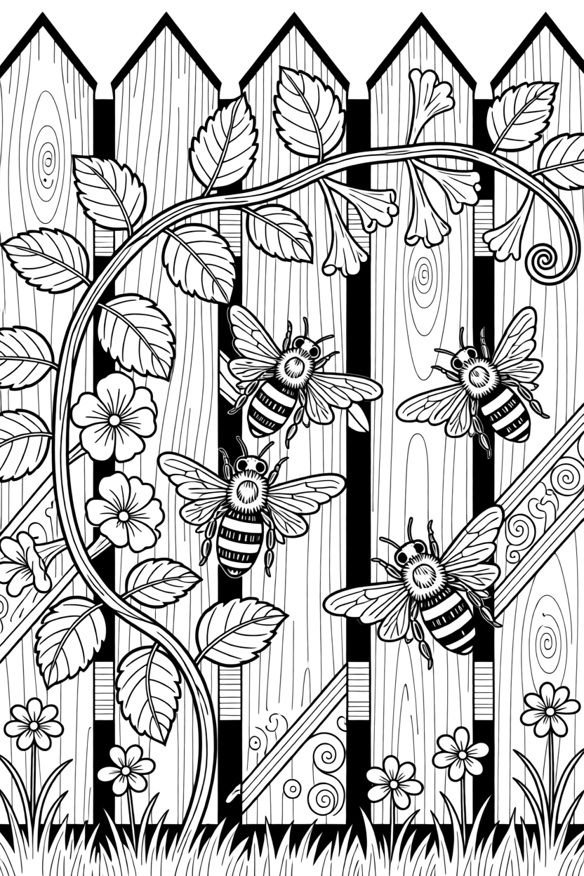 A tangled honeysuckle vine climbing a picket fence, buzzing with bees.