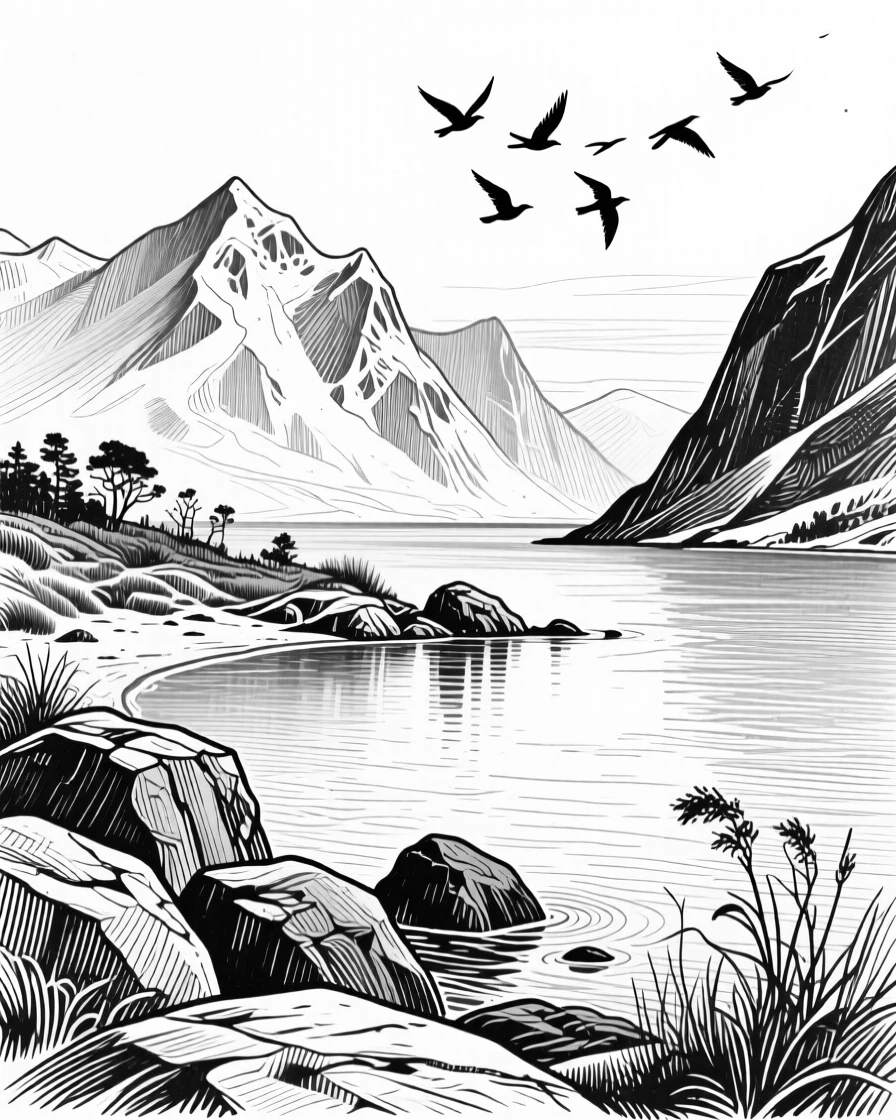 A hidden cove surrounded by distant snow-capped peaks, with birds circling lazily overhead, evoking a peaceful and untouched atmosphere in a wide, balanced composition.