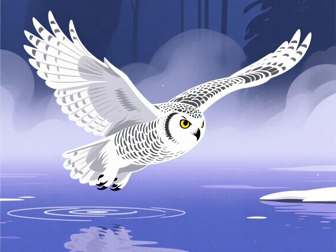 A snowy owl with wings spread wide in flight, surrounded by soft morning mist over a quiet lake, shown in close-up detail highlighting texture and expression, with vivid, richly saturated colors that pop.