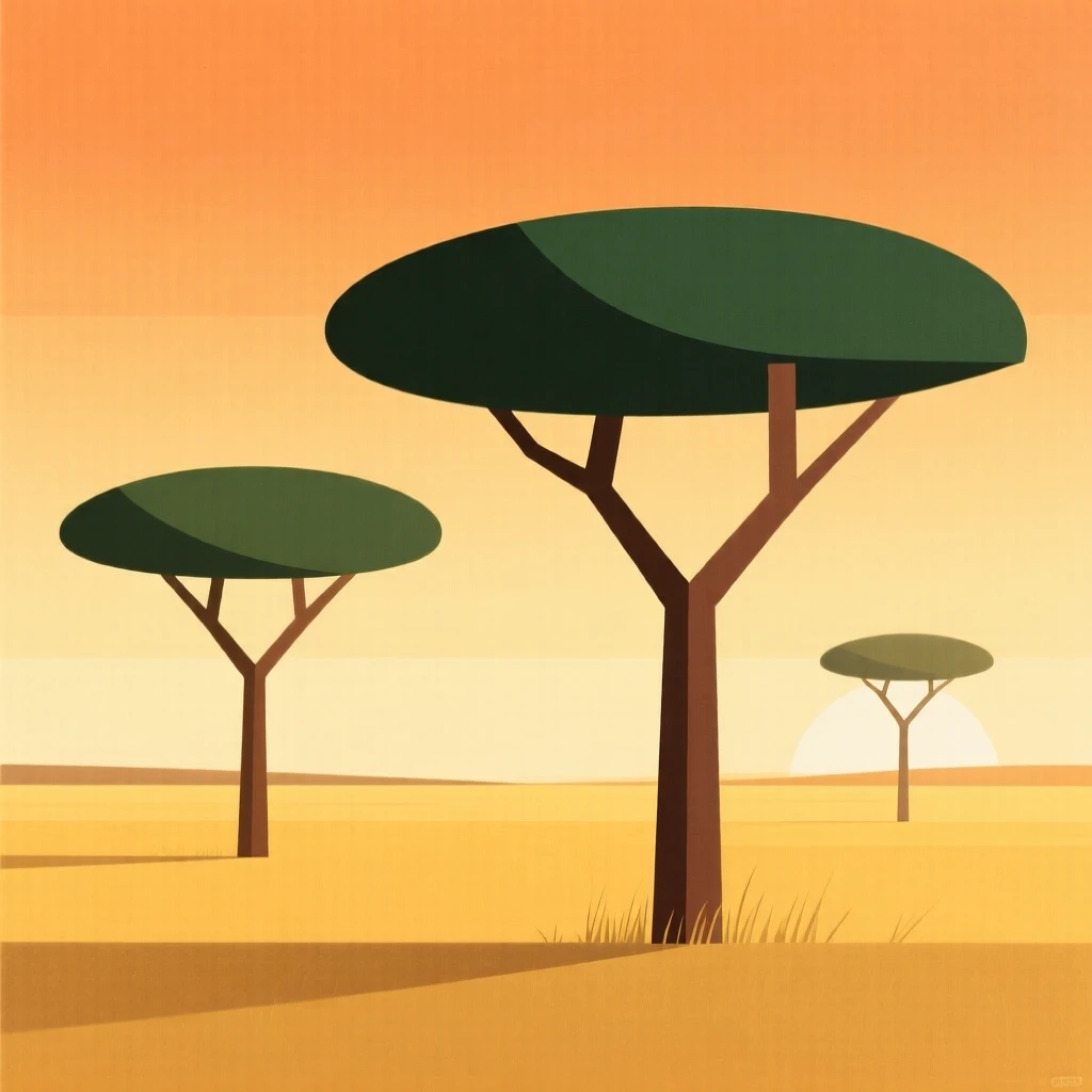 A savanna landscape at golden hour with acacia trees