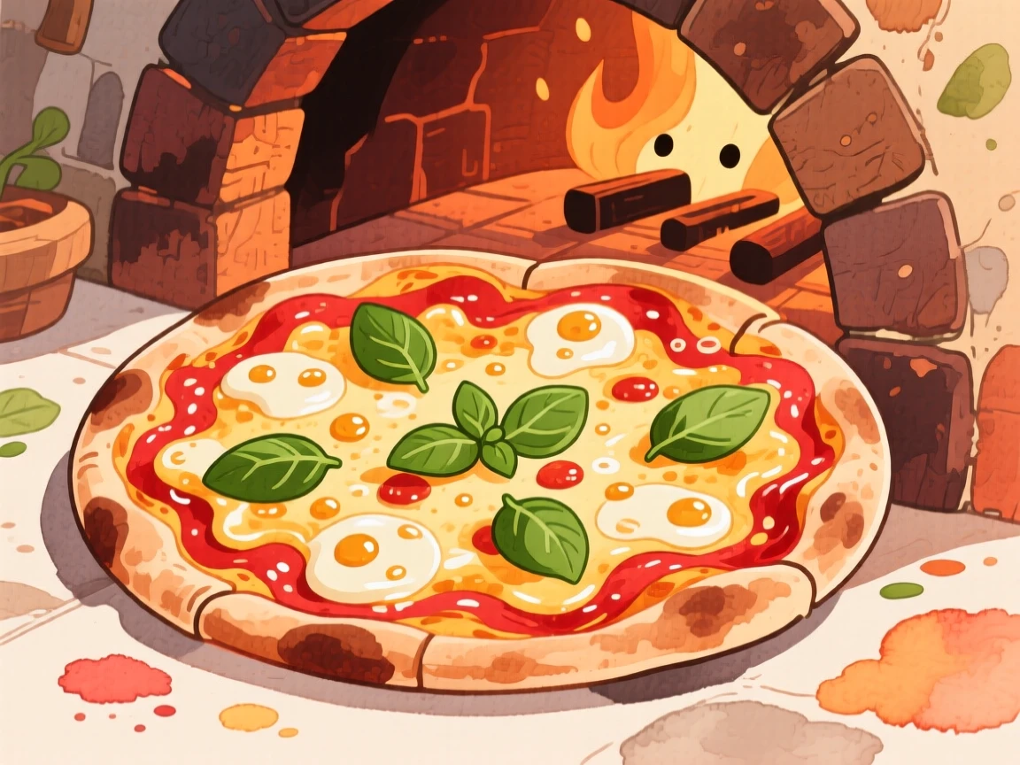 A pizza fresh from a wood-fired oven with bubbling cheese and basil leaves, brimming with festive, mouthwatering delight.