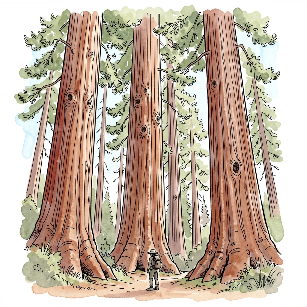 A cluster of giant redwood trees reaching skyward, a hiker standing small at the base to show their scale