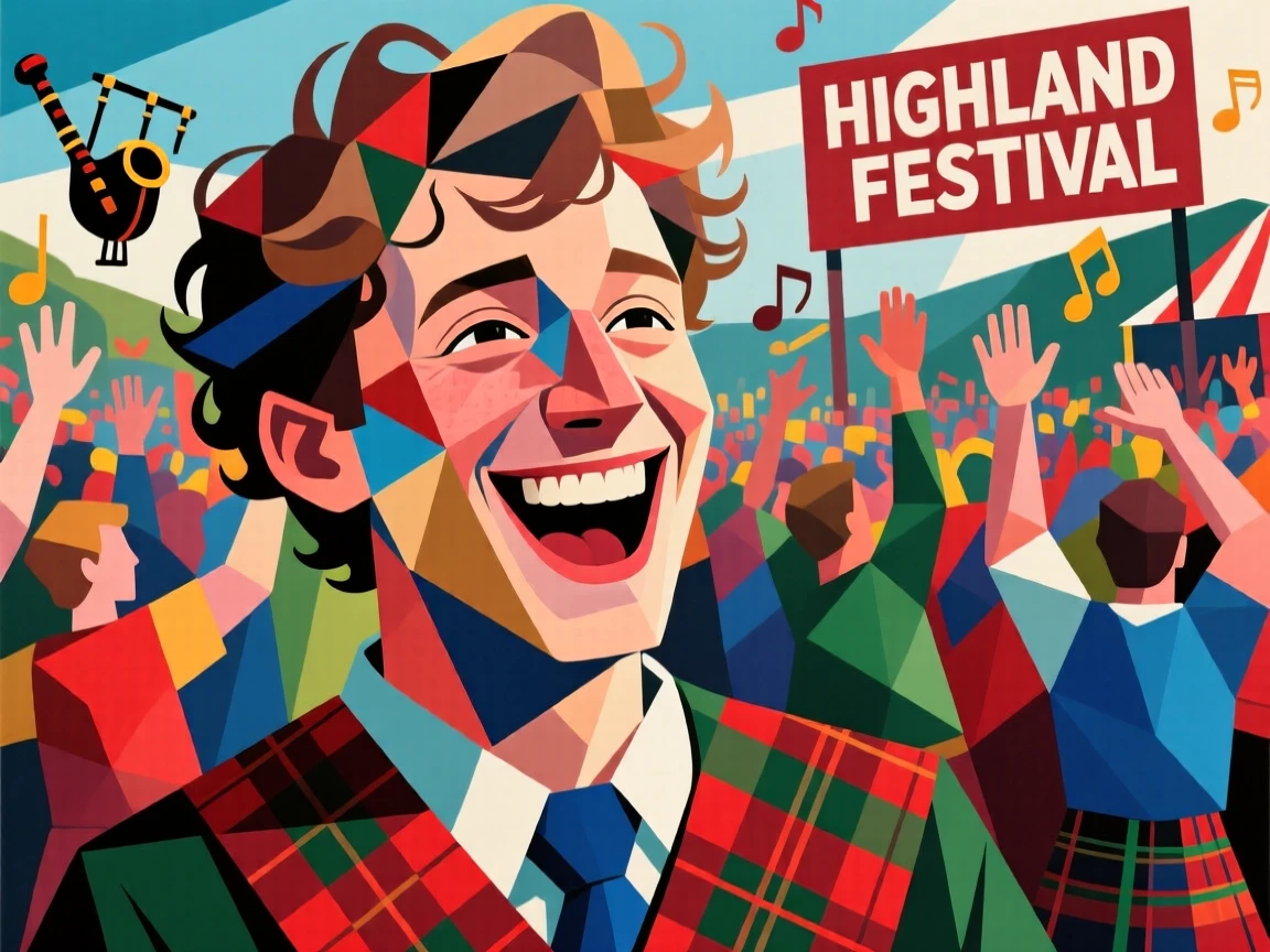 A tender close-up study of a young man of Scottish heritage laughing joyfully, amid a colorful festival crowd.