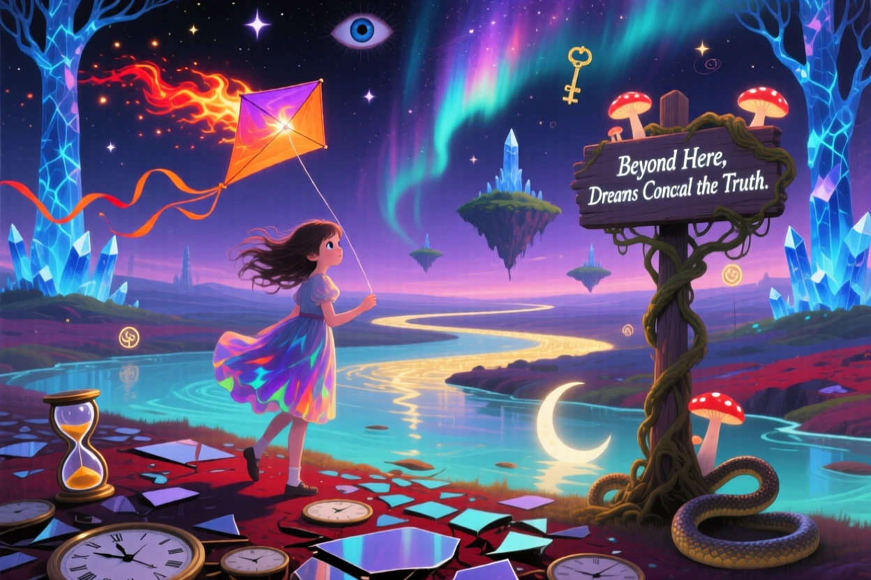 A young girl chasing a kite shaped like a small comet pauses thoughtfully at the edge of an unfamiliar world, while a faint trail of light marks the path behind them.