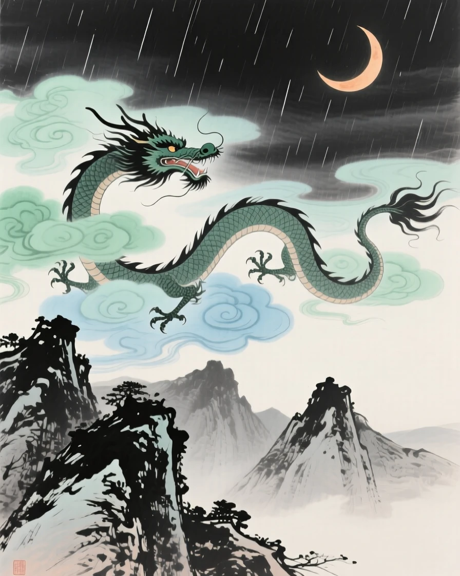 A celestial dragon coiling through clouds above a jagged mountain range, as summer rain begins to fall, beneath a crescent moon, carrying a mood of wistful nostalgia.