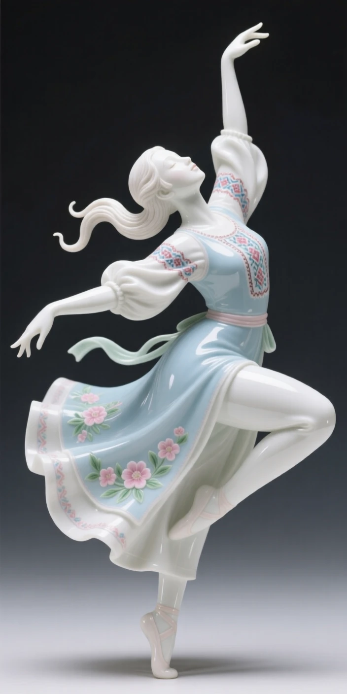 A graceful folk dancer caught in the middle of a graceful arabesque, captured at the peak of the motion.