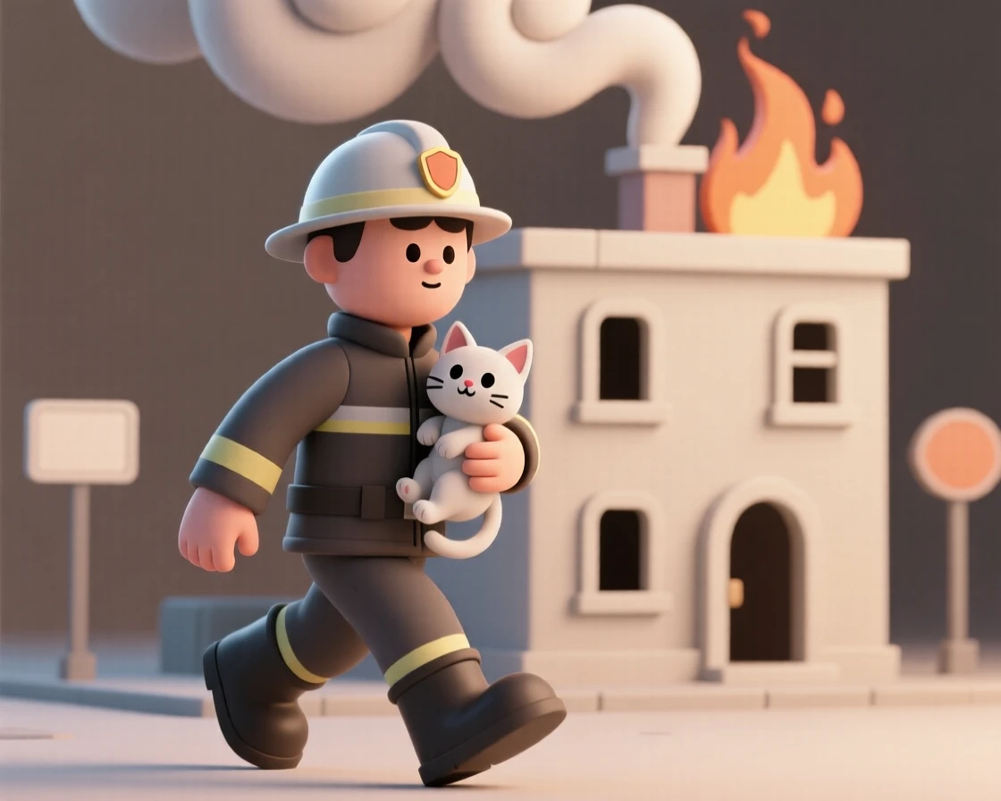 A brave firefighter carries a small kitten to safety, smoke curling behind him as he steps out of a burning building.