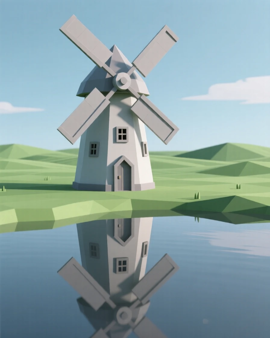 A traditional windmill standing in a green field, reflected perfectly in calm water. fine architectural details are rendered with clarity. A quiet grandeur fills the setting.