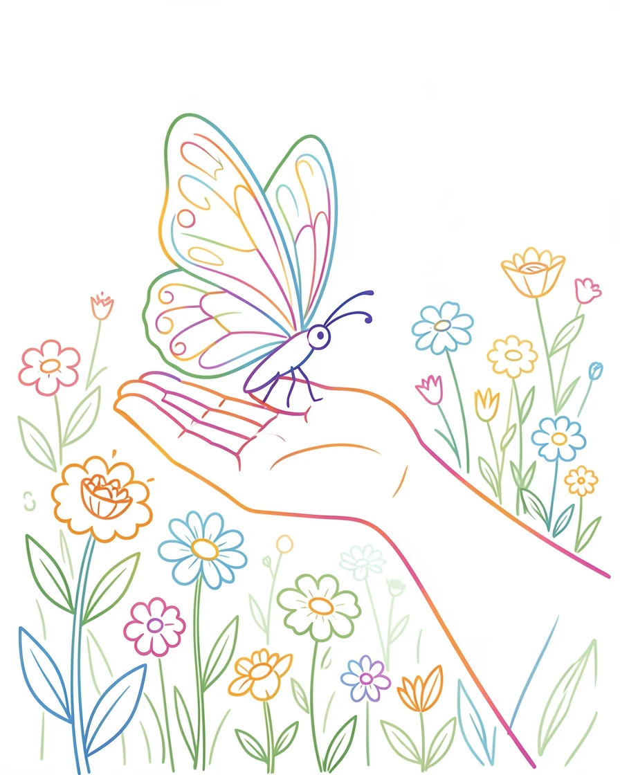 A butterfly landing on a child's outstretched palm in a wildflower meadow.