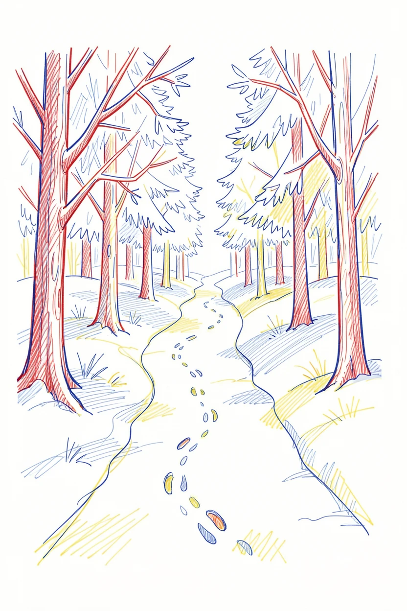 A forest path blanketed in fresh snow, animal tracks leading between frost-covered trees