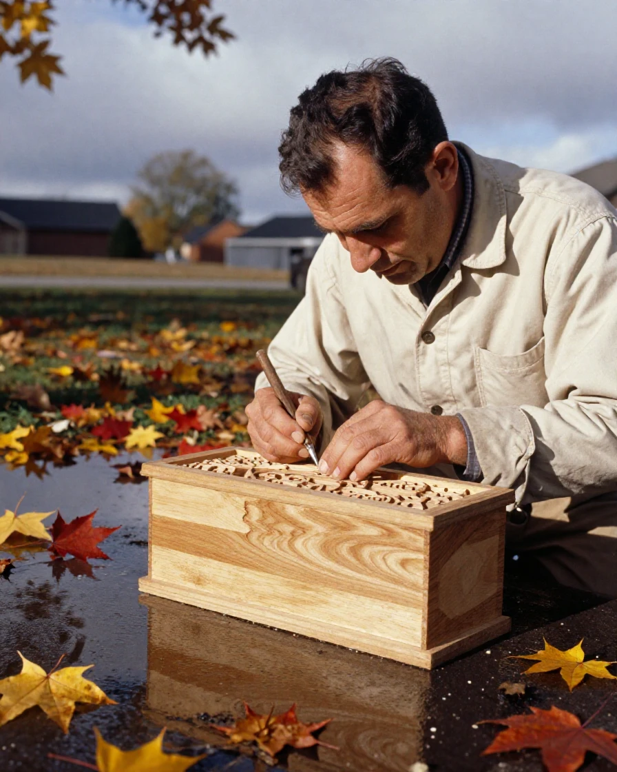 A woodworker carving intricate details into a wooden box, under harsh midday sun, just after a rain shower, with puddles reflecting the sky, as autumn leaves turn gold and red, in warm honey and cream tones, at eye level, intimate and direct.