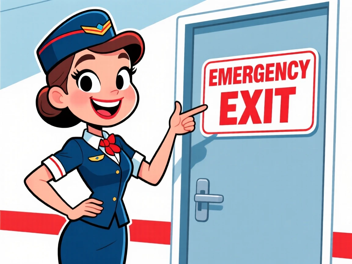 A charming portrait of a sassy flight attendant with a perfectly pinned hat, one hand on her hip, gesturing toward an emergency exit with a bright smile.
