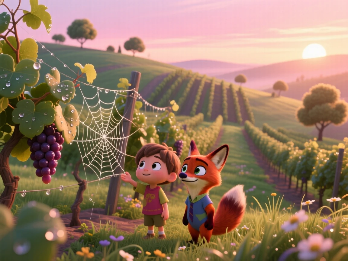 A rolling hillside of vineyards glows as the first light of dawn spills over the horizon, with delicate spider webs beaded with dew. A gentle reverence for nature's beauty lingers here.