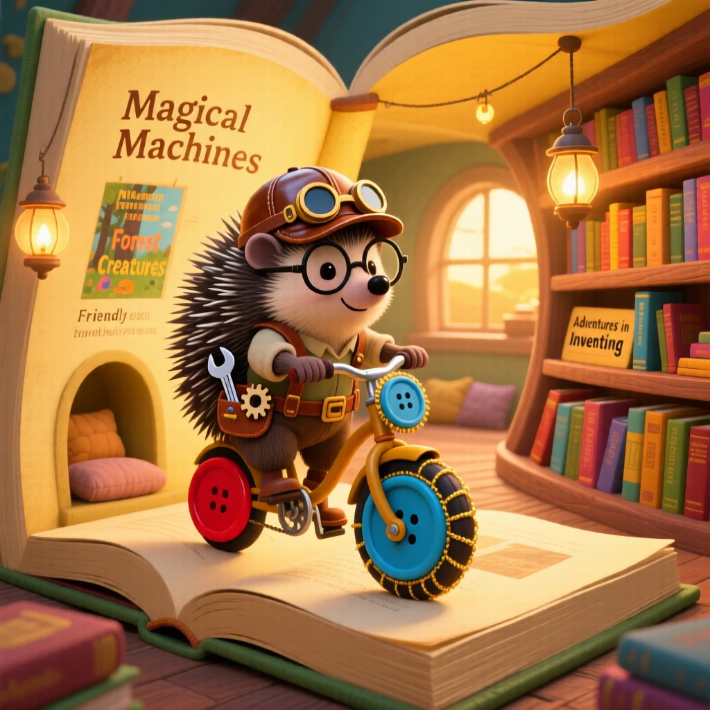 A hedgehog inventor is riding a bicycle with mismatched wheels made of buttons in a library built inside an enormous book, with everything wrapped in a cozy, storybook charm.