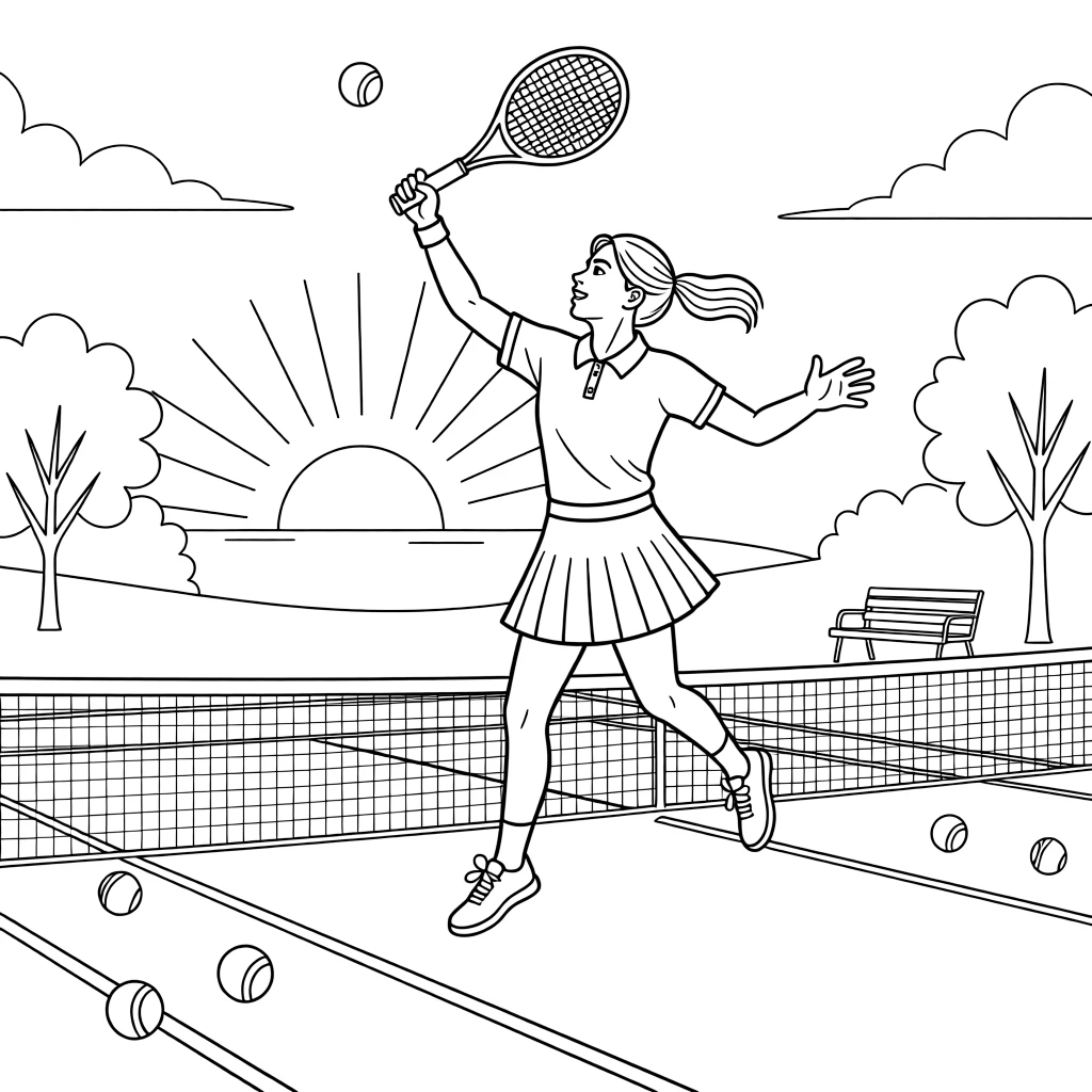 A tennis player leaping to return a serve, with the sun setting behind the field.