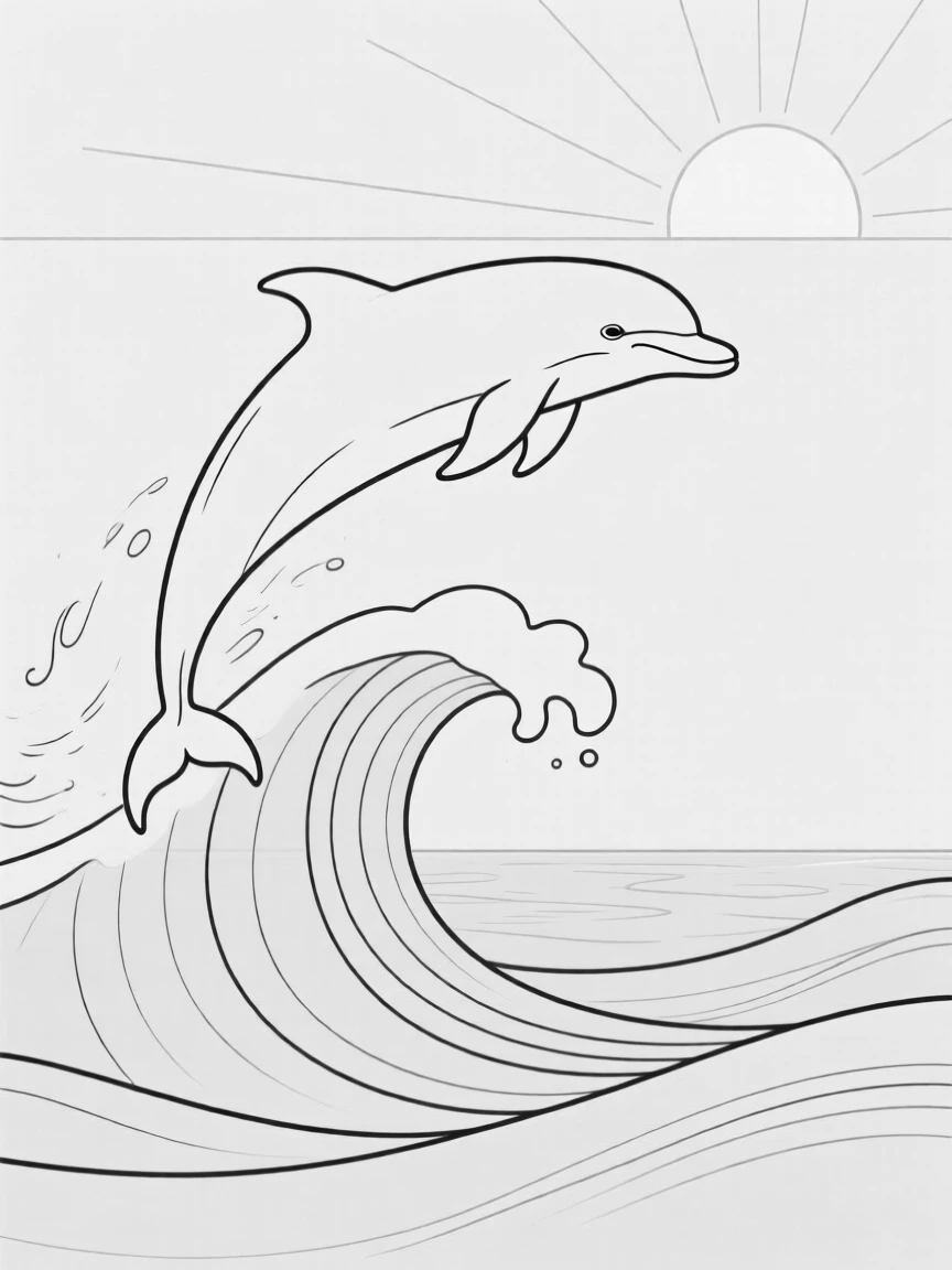 A dolphin leaping through a wave at sunrise
