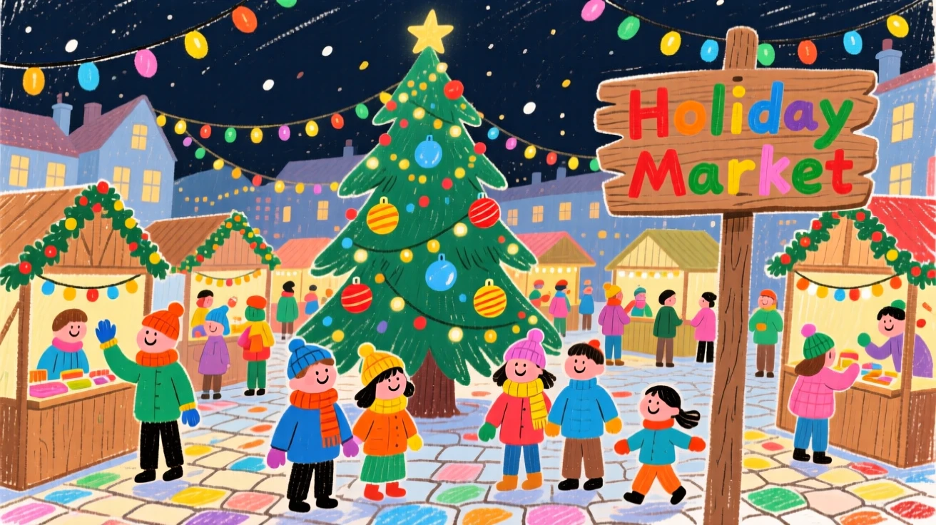 A festive market square filled with twinkling holiday lights.