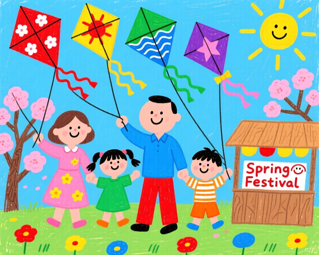 A family flying colorful kites during a spring festival in Japan.