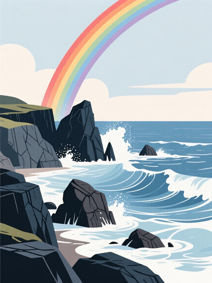 A dramatic rainbow scene over a rugged coastline with waves crashing against the rocks.