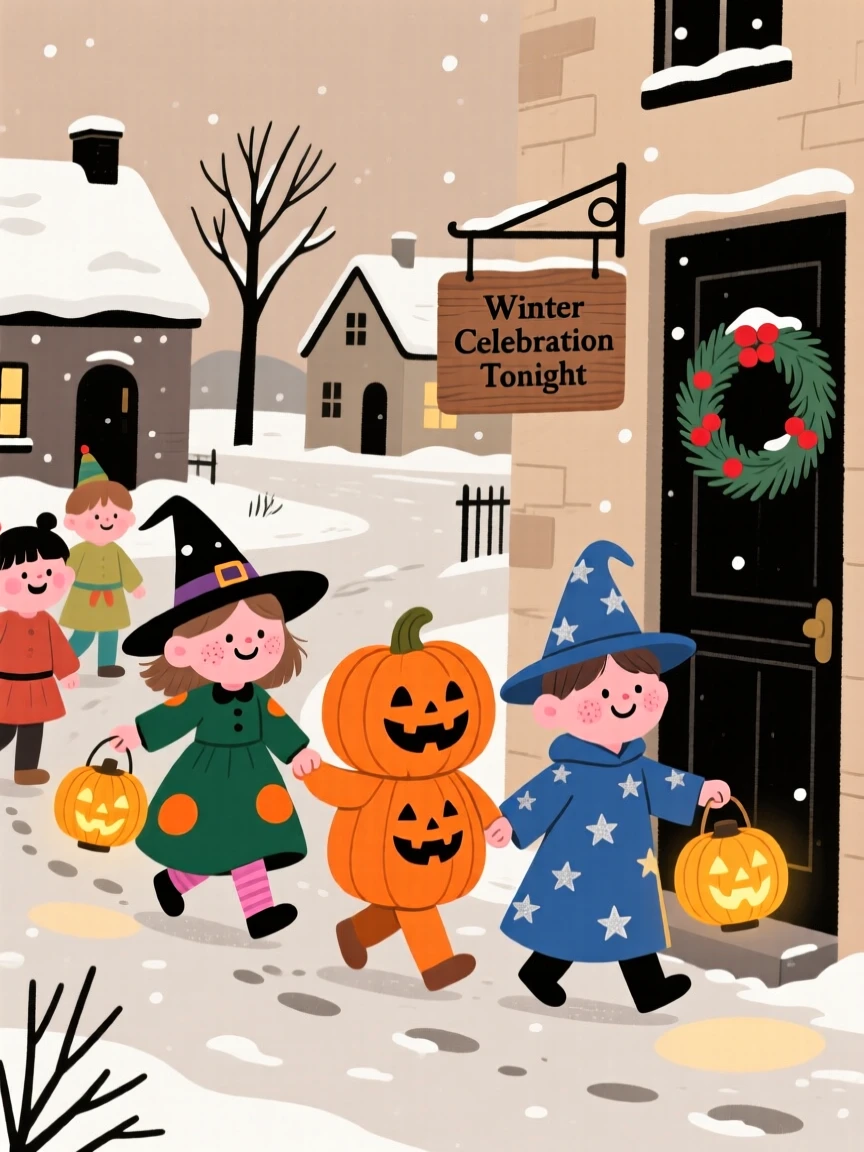 Children in colorful costumes carry carved pumpkins through a small town square decorated for a winter celebration, giggling at every doorway.