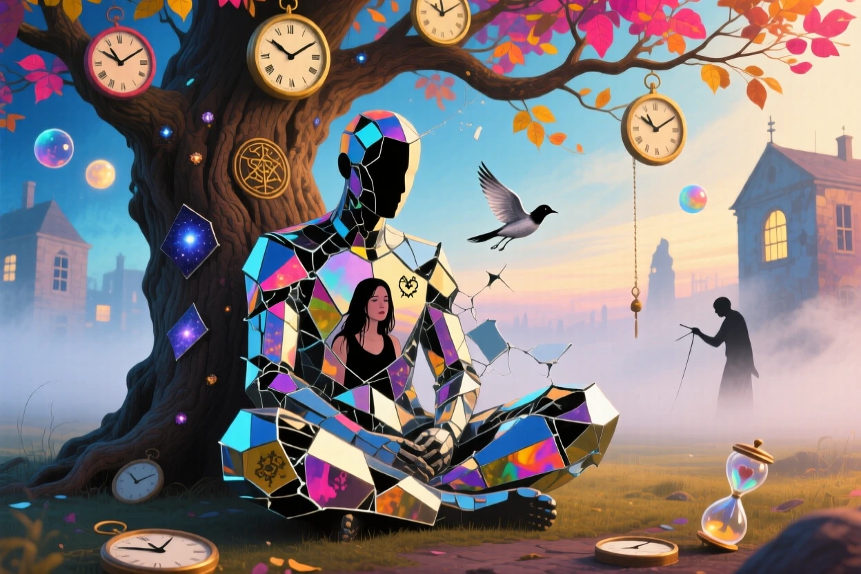 A figure made of shattered mirror fragments reassembling itself sits beneath a tree whose leaves are made of clock faces, while the world around them fades into soft watercolor mist.