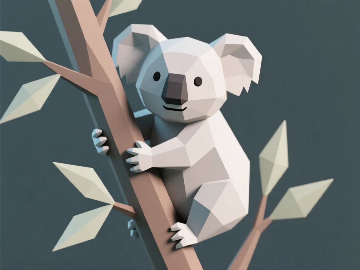 A koala clinging to a eucalyptus branch, beneath a soft golden sunrise. delicate detail is visible in the fur and eyes. There is a sense of quiet wonder.