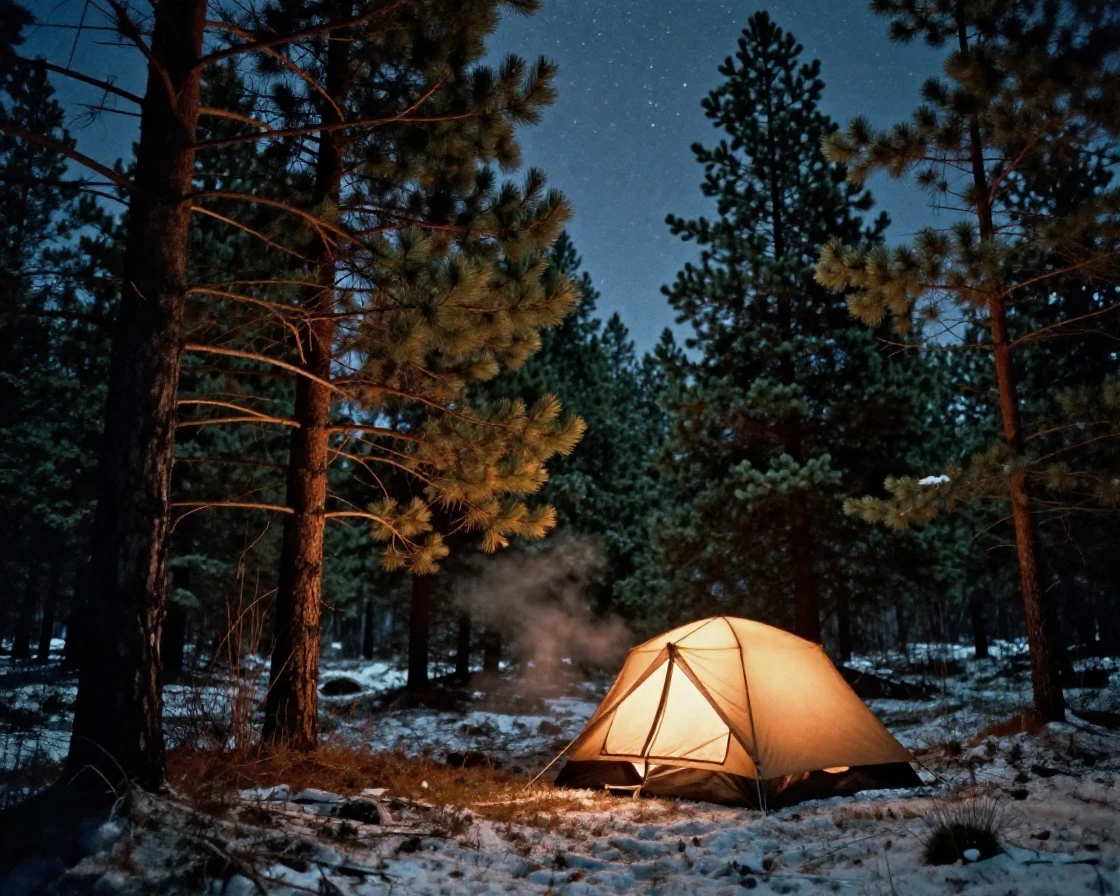 A starlit campsite glowing from within a canvas tent, under a canopy of stars, as heat shimmers over the ground, in the depths of winter, with deep emerald greens and browns, from a three-quarter angle.