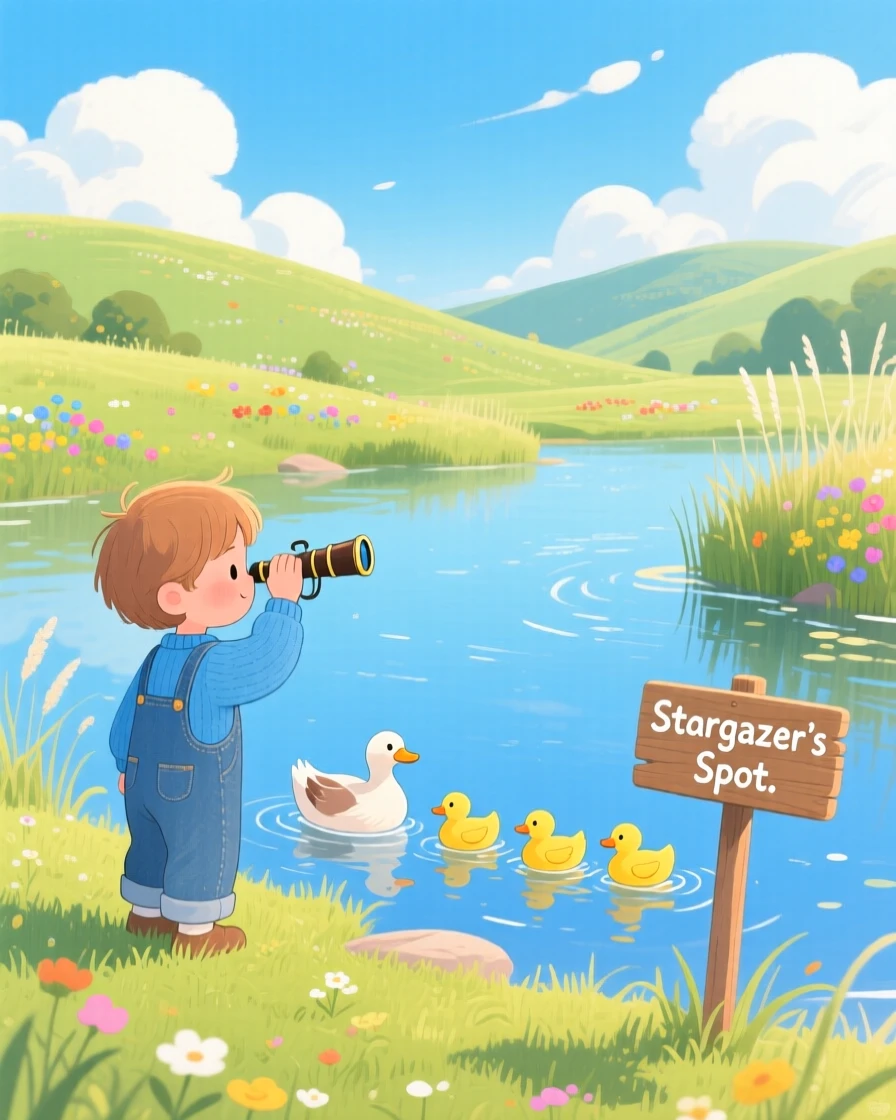 In a sunlit riverbank, a young stargazer with a telescope is watching a family of ducks cross a pond, as clouds cast slow shadows across the hills.