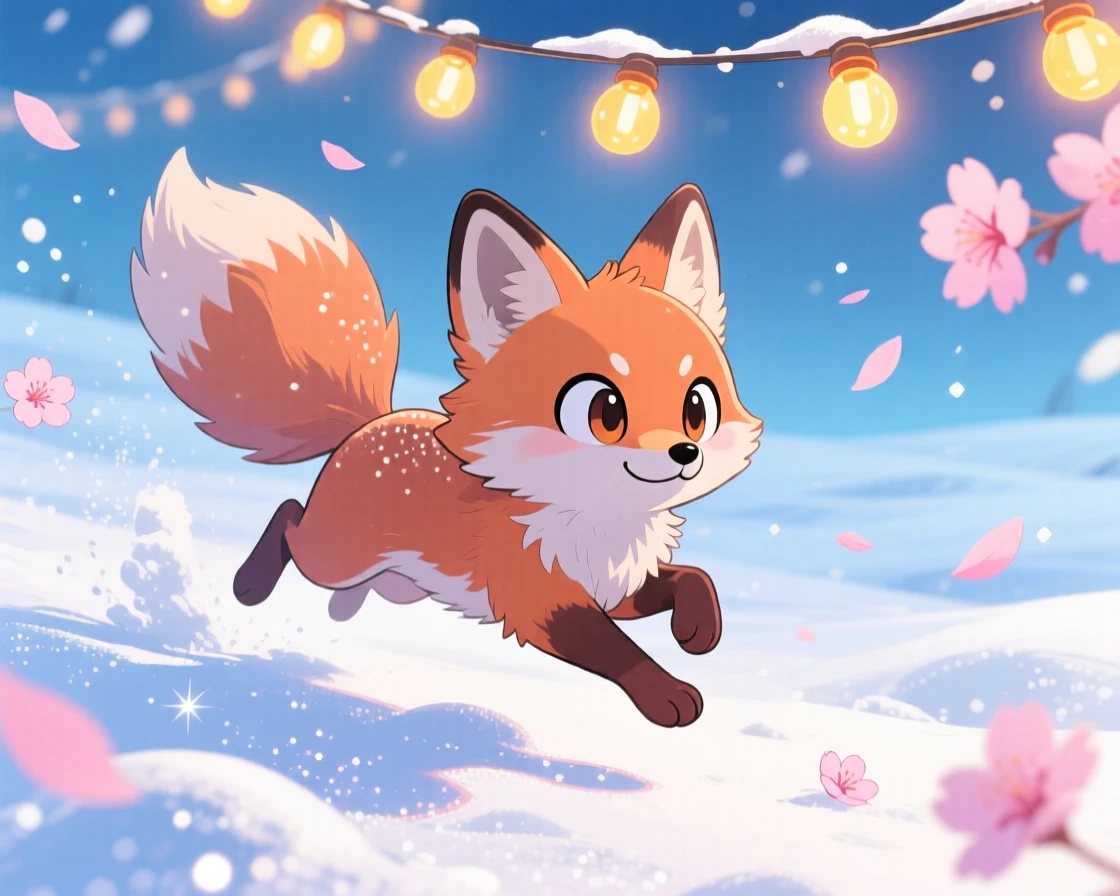 A fluffy arctic fox bounding through fresh powdery snow, framed as a dynamic diagonal composition within a glittering snowfield, as cherry blossom petals drift on the breeze, glowing under glowing string lights, evoking proud determination.