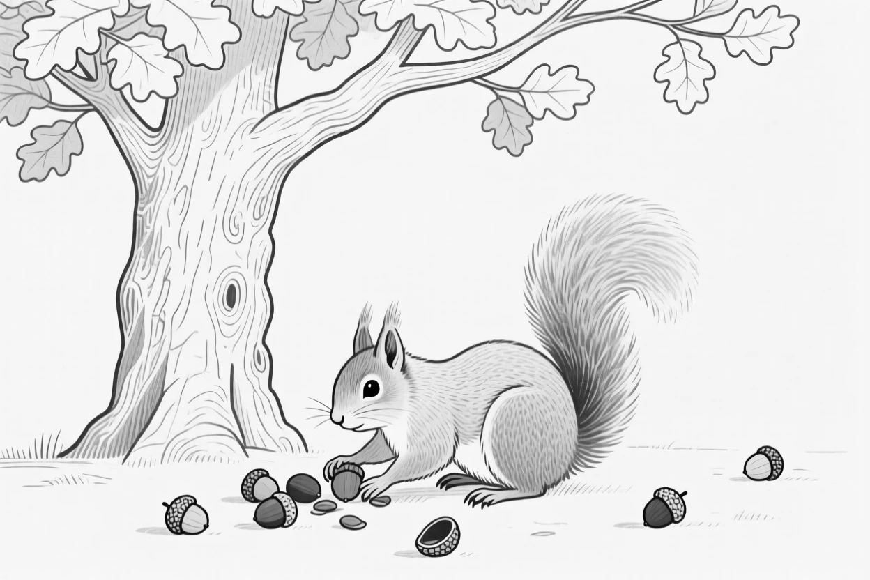 A squirrel gathering acorns beneath an oak tree