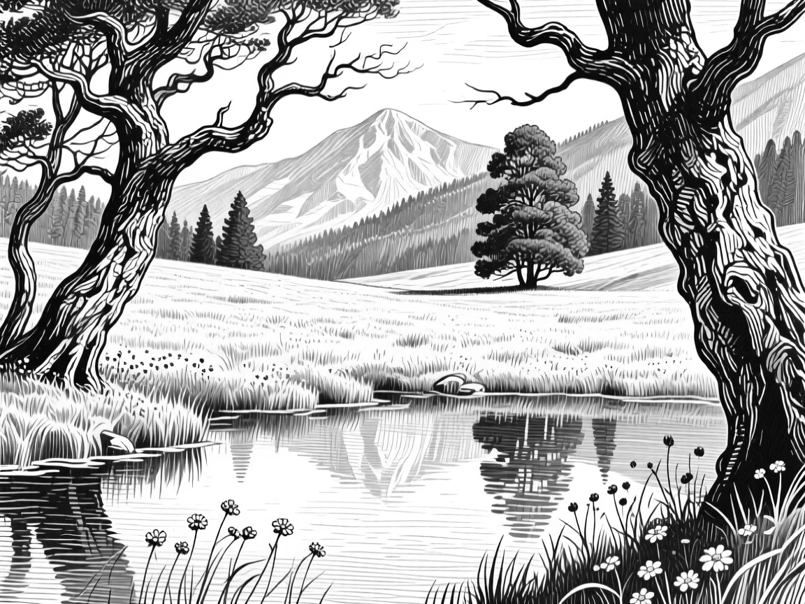 An alpine meadow framed by twisted old trees, with reflections shimmering on the water's surface, evoking a gently nostalgic atmosphere in a wide, balanced composition.