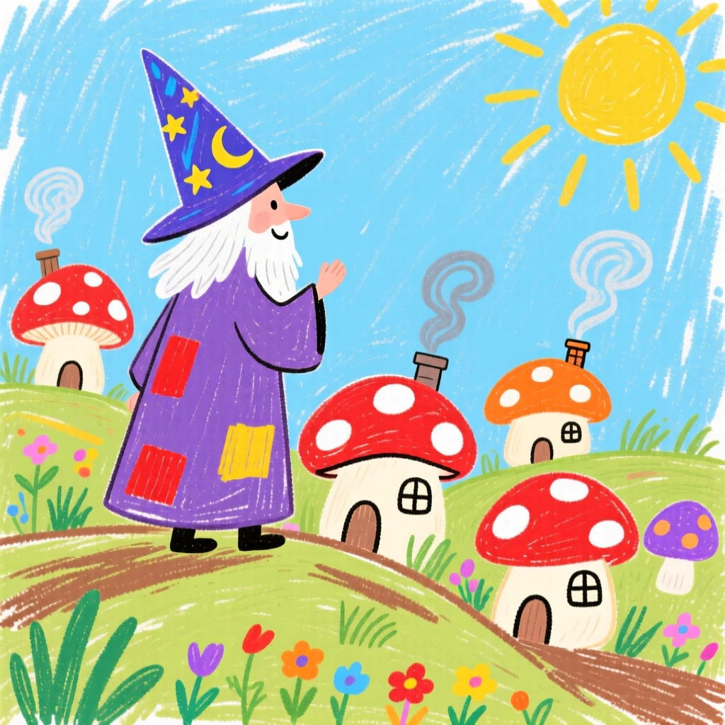 A wandering wizard watching over a village of tiny mushroom houses.