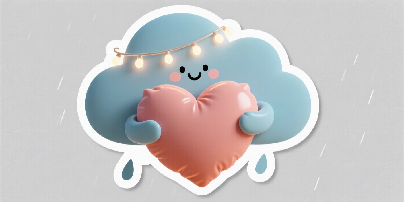A gentle round rain cloud with a smiling face hugging a giant heart pillow, under a string of fairy lights.
