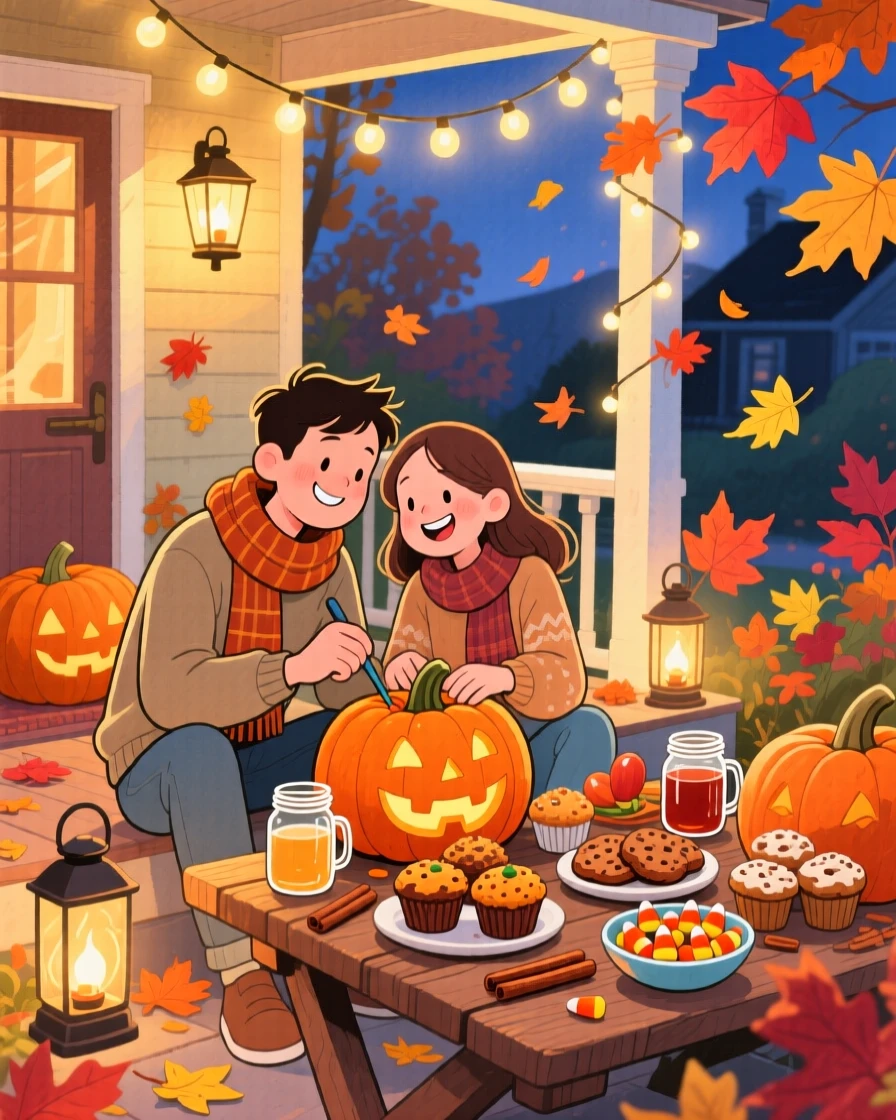 A couple carving pumpkins on a porch, in an autumn evening lit by string lights and lanterns, with a table piled high with festive treats, evoking cozy autumn togetherness.