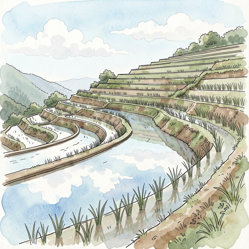 A terraced rice paddy climbing a hillside, thin lines of water reflecting the clouds above