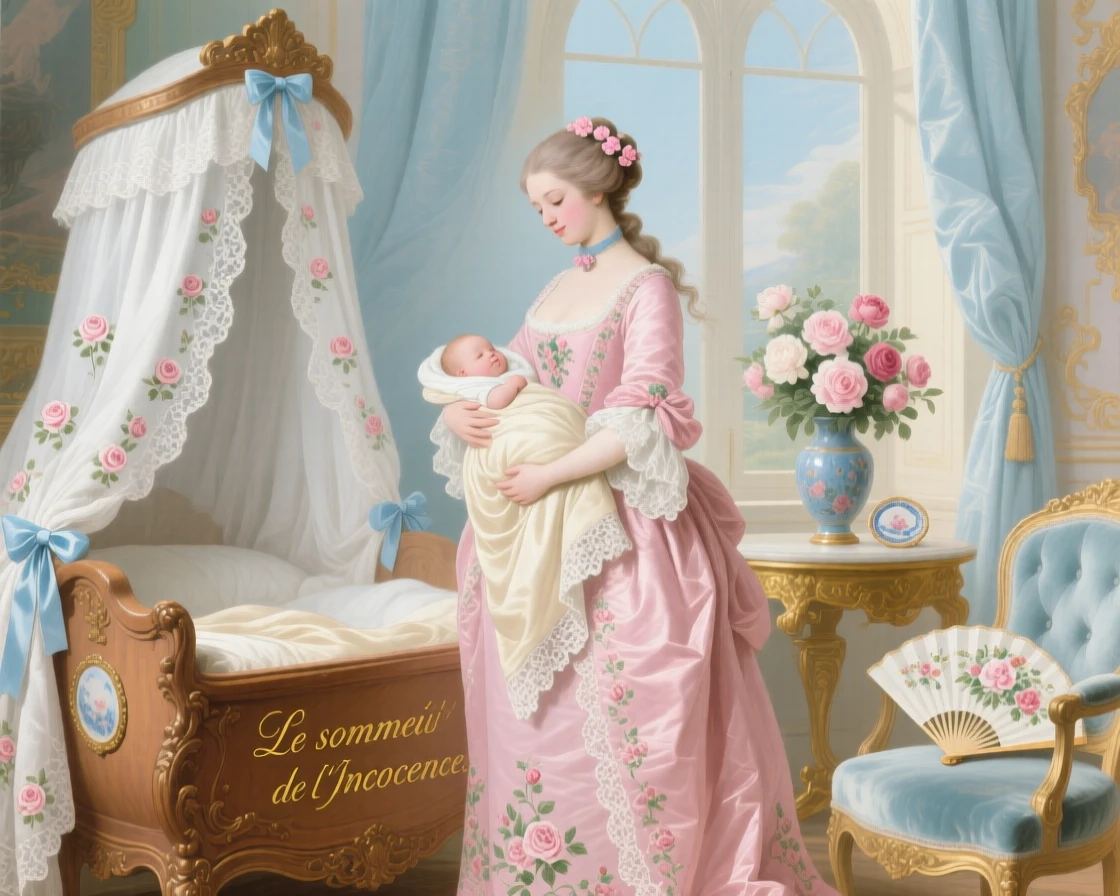 A noblewoman holding a sleeping baby beside a cradle draped in lace  