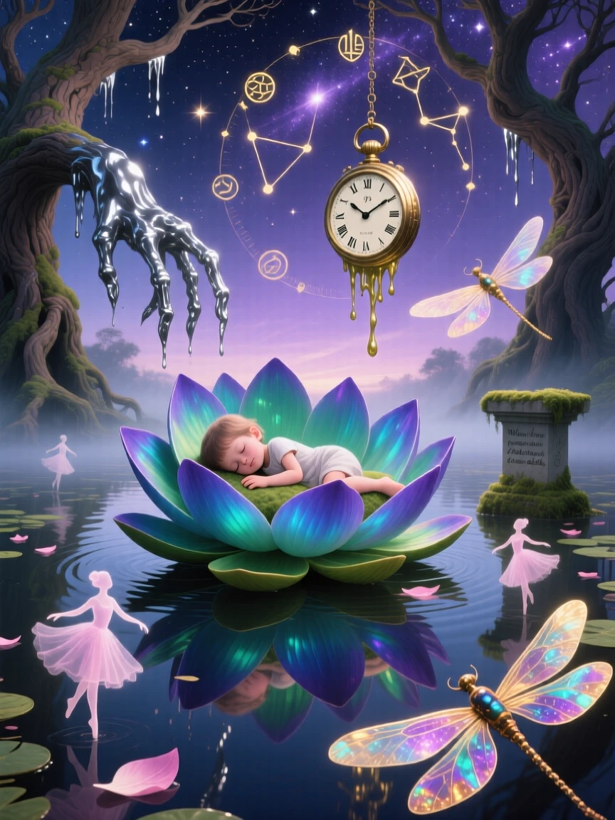 A giant water lily large enough to hold a sleeping child thrives quietly in a place untouched by time, as petals fall slowly, spinning like tiny dancers.