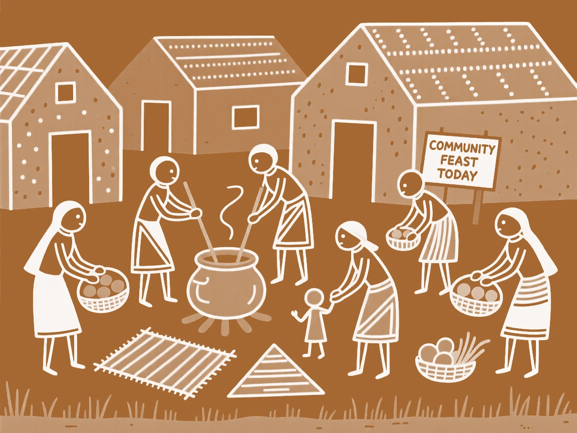 A group of tribal women preparing for a community feast outside a cluster of mud huts.