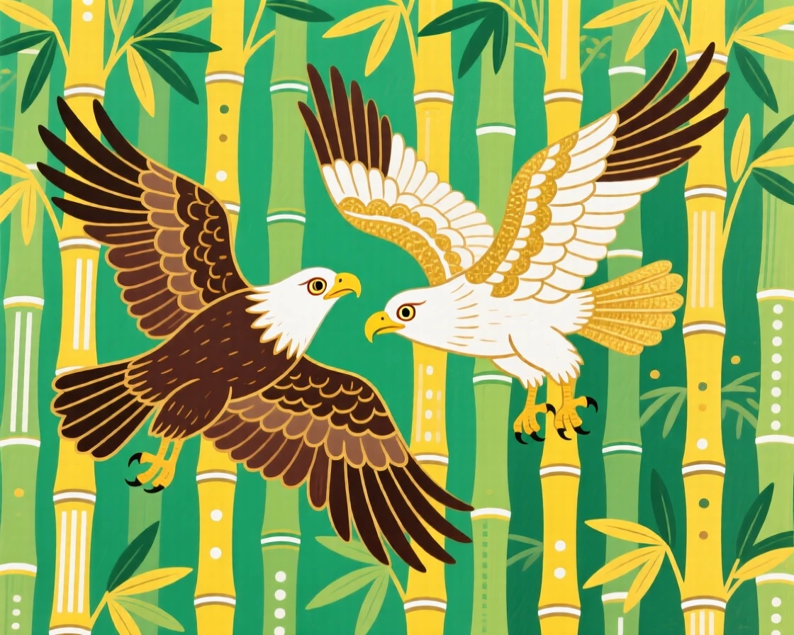 A pair of eagles gliding together in a bamboo grove.