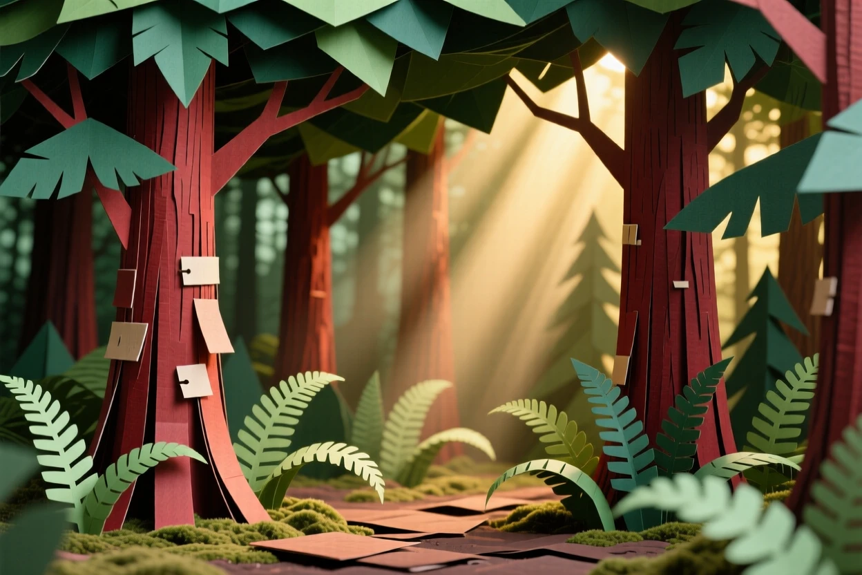 A dense old-growth forest with towering redwoods, sunbeams piercing through the thick canopy to illuminate patches of ferns below, conveying ancient scale and reverence for nature.