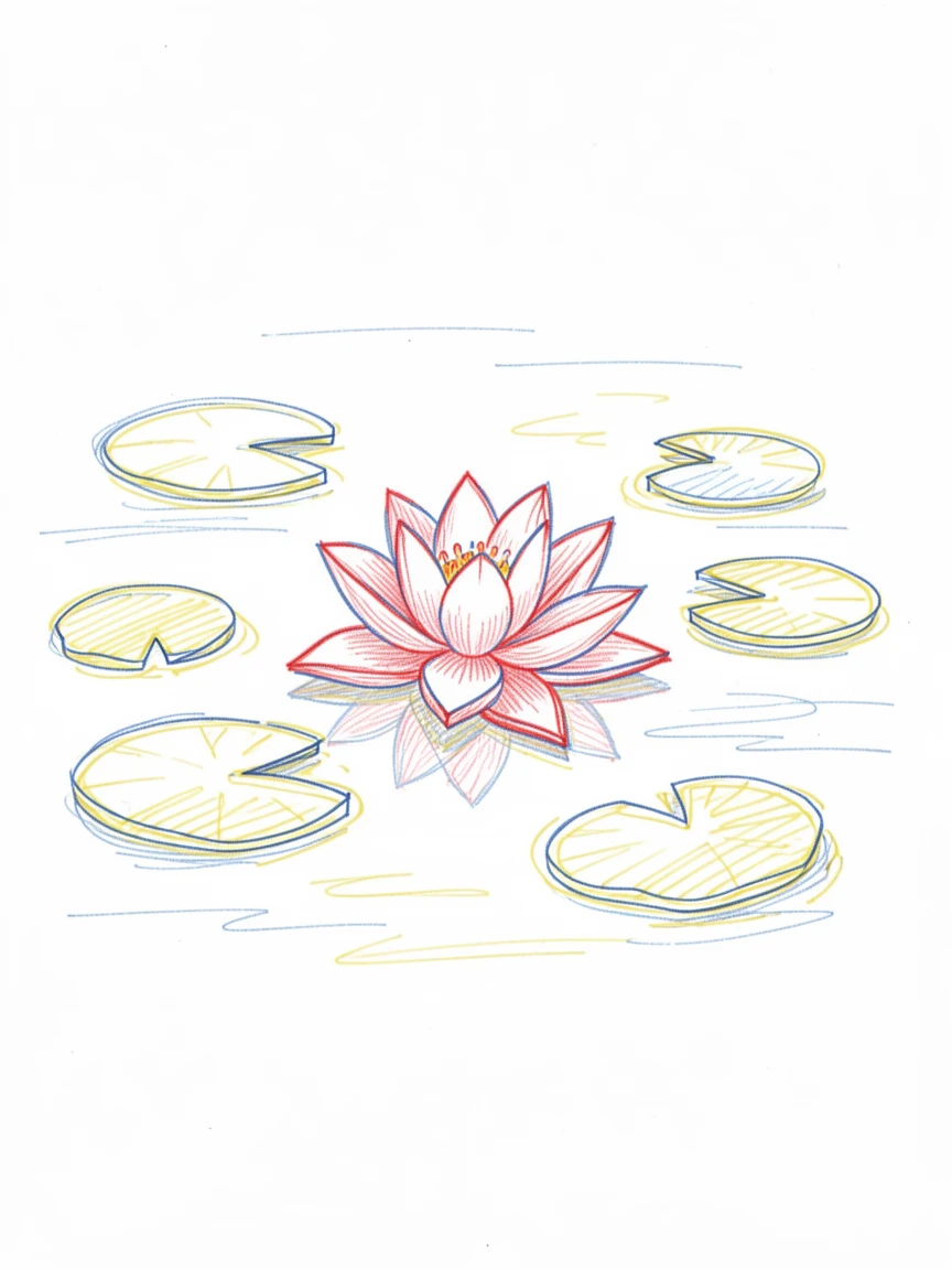 A quiet pond covered in lily pads with a single blooming lotus flower at its center