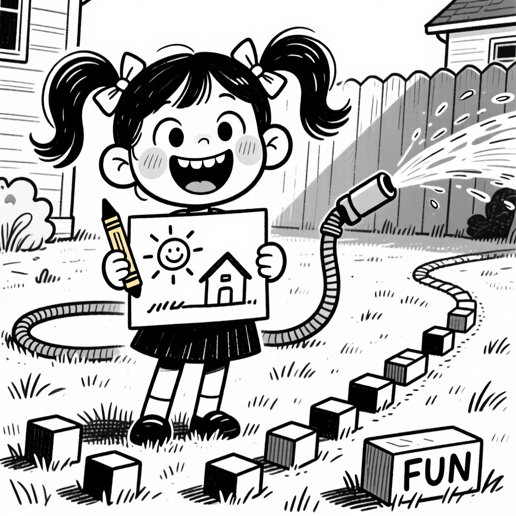 A young girl with pigtails and a gap-toothed grin, holding up a crayon drawing with pride, set in a backyard with a wobbly garden hose sprinkler. A trail of building blocks leads across the floor. It feels like a memory worth framing forever.
